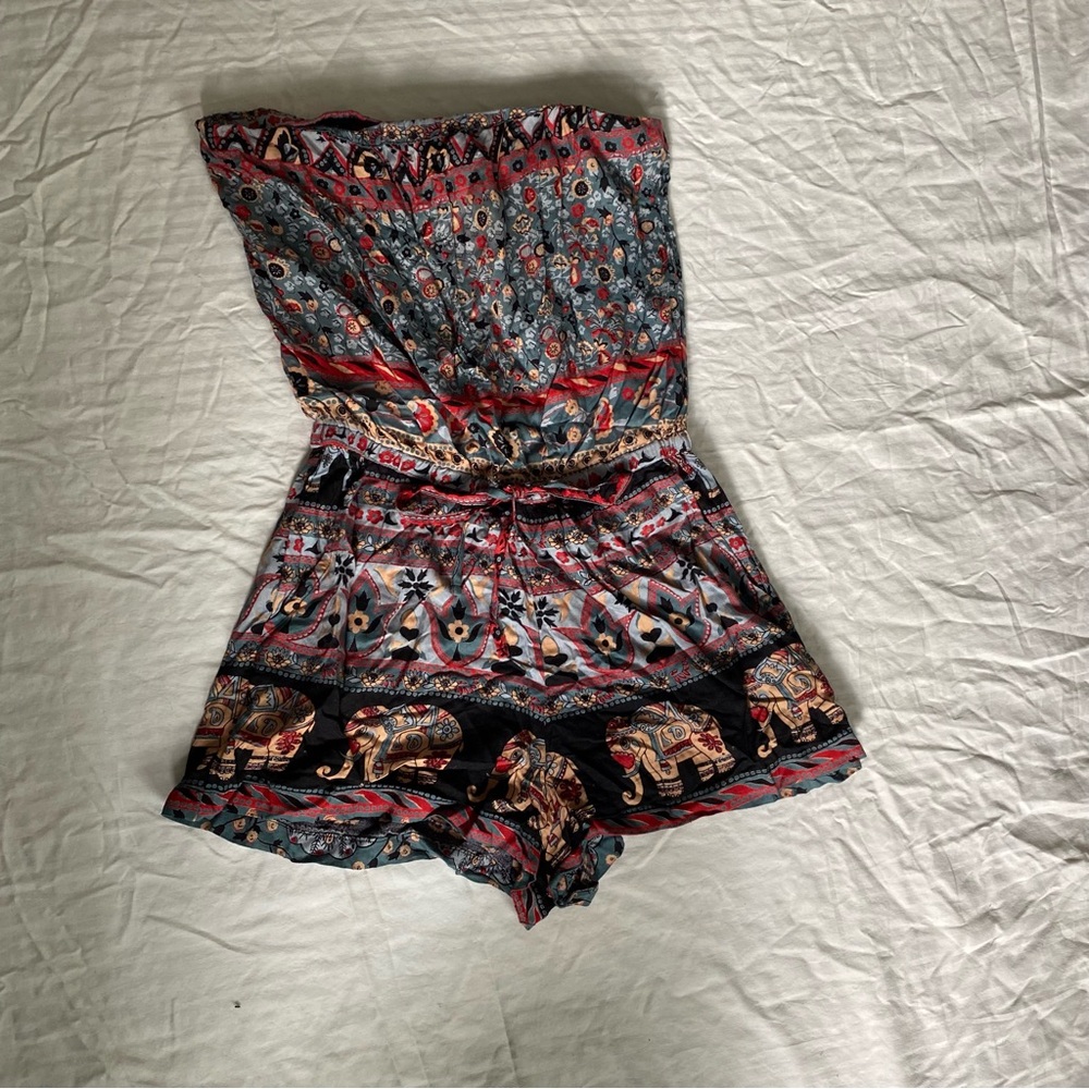 Colorful Strapless Elephant Print Romper